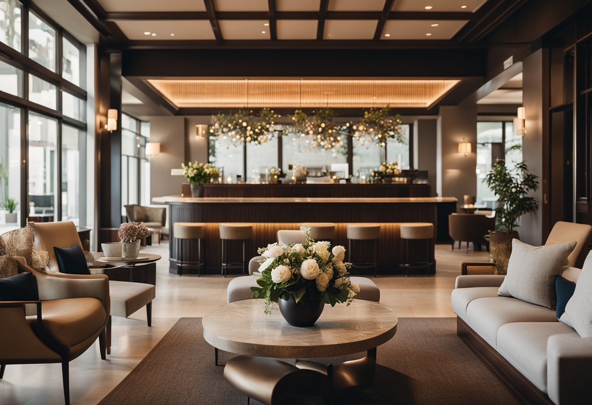 A cozy boutique hotel lobby with modern furniture, warm lighting, and a welcoming fireplace. The front desk is adorned with fresh flowers, and guests relax in the comfortable seating areas