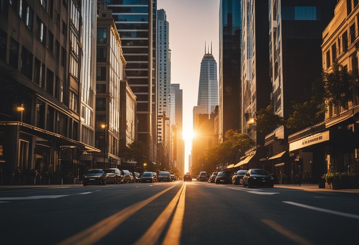 A bustling city street with colorful boutique hotels lining the sidewalks, surrounded by trendy cafes and shops. The sun sets behind the towering skyscrapers, casting a warm glow over the scene