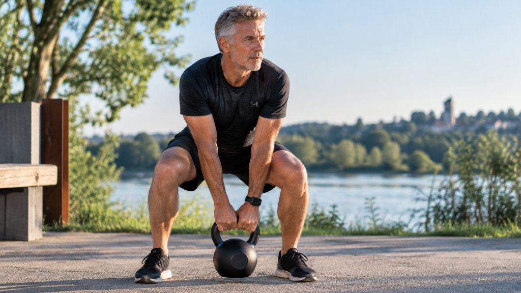 Man boven de 50 traint met een kettlebell – krachttraining na je 50e