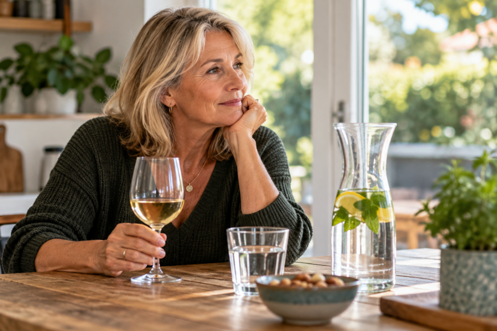 Alcohol na je 50e: vrouw van rond de 60 met een glas wijn en water aan tafel.