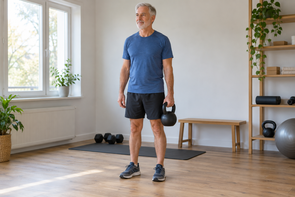 Gripkracht trainen na je 50e: man houdt een kettlebell naast zijn lichaam vast.